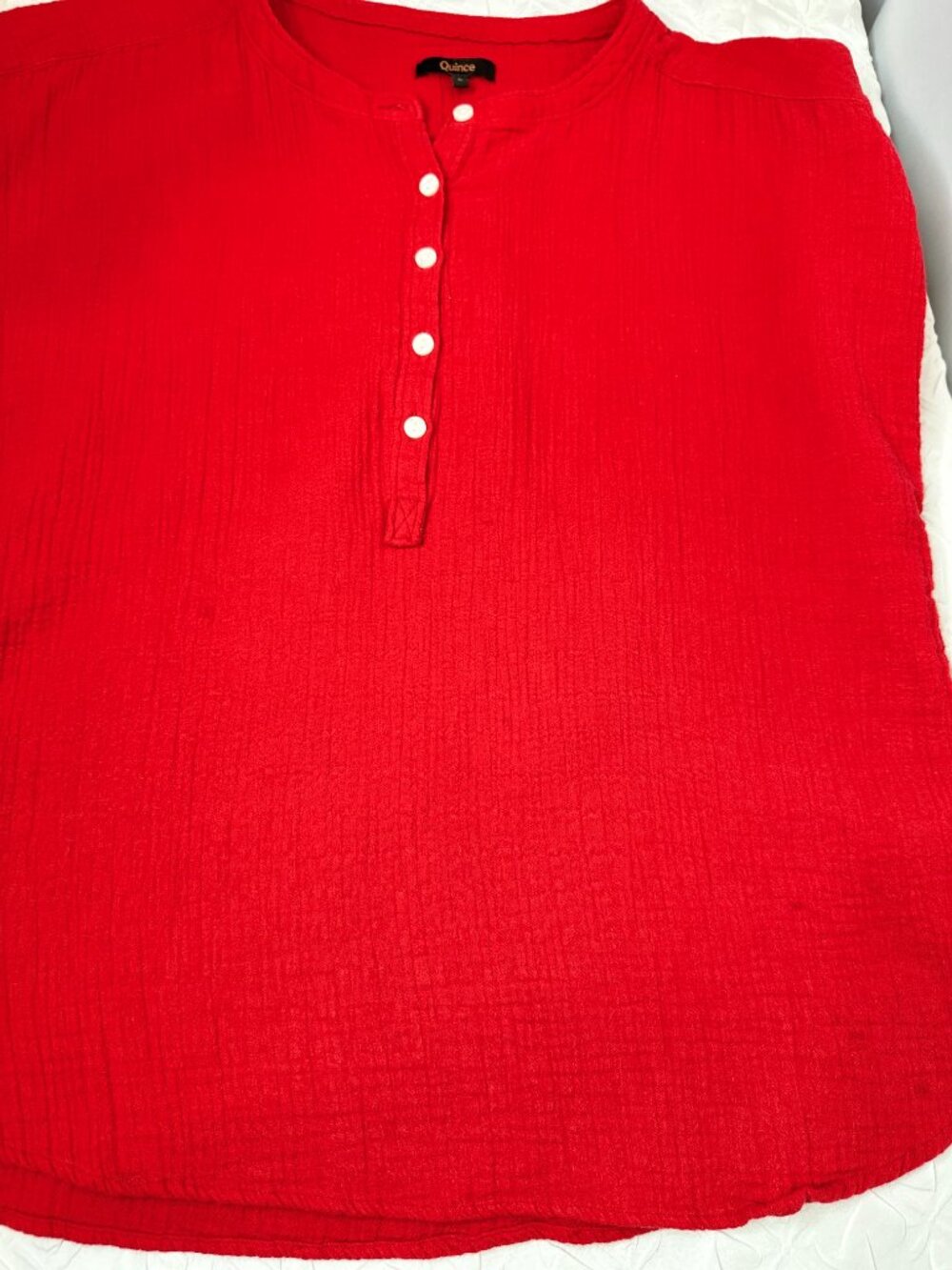 Quince Gauze Cotton Red Short Sleeve Blouse, Large Resort Minimalist Lagenlook - Picture 3 of 9
